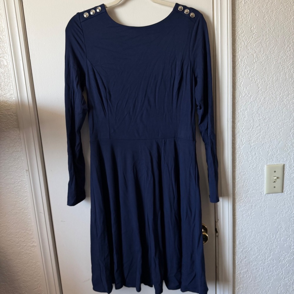 White House Black Market Navy Blue Long Sleeve Button Shoulder Dress Size 8